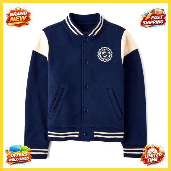 Boys Bomber Varsity Jacket Classic Retro Preppy Snap Front Fleece Warm